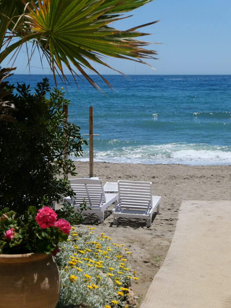 two empty sunbeds look out to rolling turquoise waves, fronted by wild flowers.